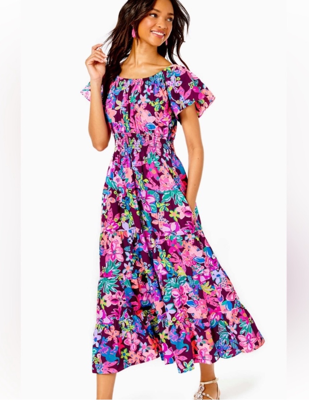 LILLY PULITZER Ellabell Garden Floral Print Smocked Midi Dress large